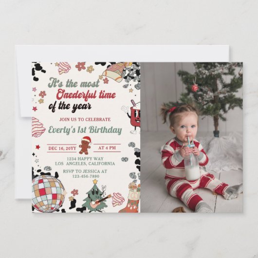 クリスマスディスコボールオンダーフル誕生日写真 招待状 (正面)