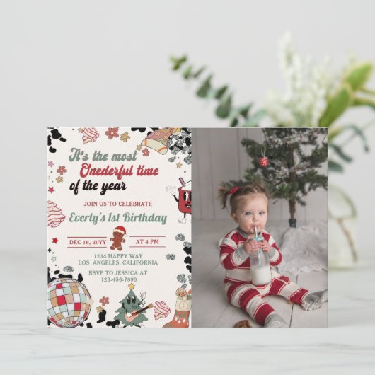 クリスマスディスコボールオンダーフル誕生日写真 招待状 (スタンド正面)