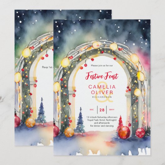 クリスマスディナーのご招待 お祭り的な食事 招待状 (正面/裏面)