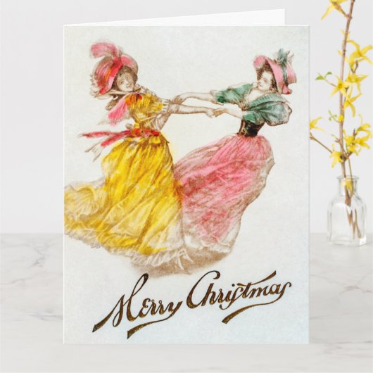 クリスマスディナーウィメンズ踊りホリデイ カード (黄色い花)