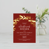 クリスマスディナーパインベリー葉ズレッド 箔招待状ポストカード (立ち正面)