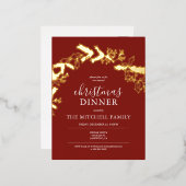 クリスマスディナーパインベリー葉ズレッド 箔招待状ポストカード (正面/裏面)