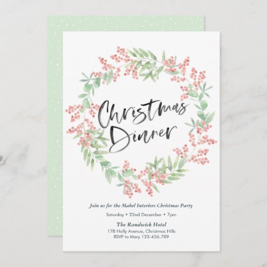 クリスマスディナーパーティの招待状 | ホリーリース 招待状 (正面/裏面)