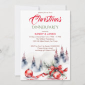 クリスマスディナーパーティークラシックレッドボーブルズリボン 招待状 (正面)