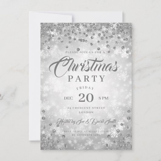 クリスマスディナーパーティーシルバーウィンターダイヤモンドグリッター 招待状 (正面)