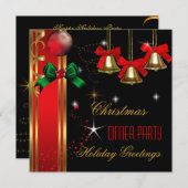 クリスマスディナーパーティーホリデーレッドブラックオーナメント 招待状 (正面/裏面)