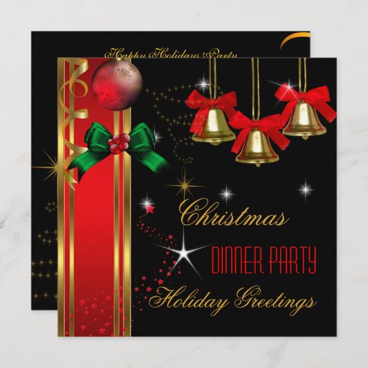 クリスマスディナーパーティーホリデーレッドブラックオーナメント 招待状 (正面/裏面)