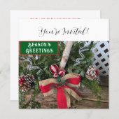 クリスマスディナーパーティーレッドボウパインコーン シーズンカード (正面/裏面)