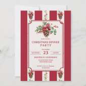 クリスマスディナーパーティー赤レトロストライプ松の弓 招待状 (正面)