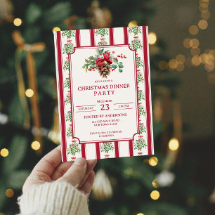 クリスマスディナーパーティー赤レトロストライプ松の弓 招待状