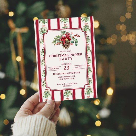 クリスマスディナーパーティー赤レトロストライプ松の弓 招待状