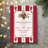 クリスマスディナーパーティー赤レトロストライプ松の弓 招待状