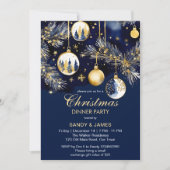 クリスマスディナーパーティー金ゴールドとネイビーブルーボーブル 招待状 (正面)