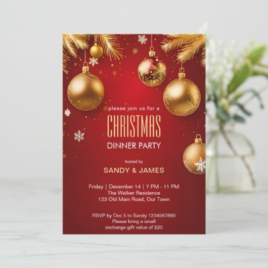 クリスマスディナーパーティー金ゴールドと赤いバウブル 招待状 (スタンド正面)