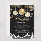 クリスマスディナーパーティー金ゴールドと黒いバウブル 招待状 (正面)