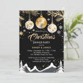 クリスマスディナーパーティー金ゴールドと黒いバウブル 招待状 (スタンド正面)