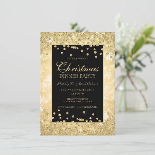 クリスマスディナーパーティー金ゴールドグリッター冬季 招待状 (スタンド正面)
