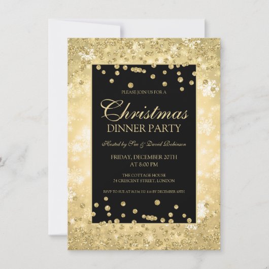 クリスマスディナーパーティー金ゴールドグリッター冬季 招待状 (正面)