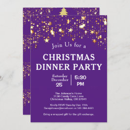 クリスマスディナーパーティー金ゴールドスターツリーズパープル 招待状
