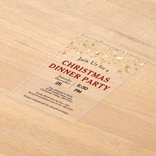 クリスマスディナーパーティー金ゴールドスター アクリル招待状 (レイダウン)