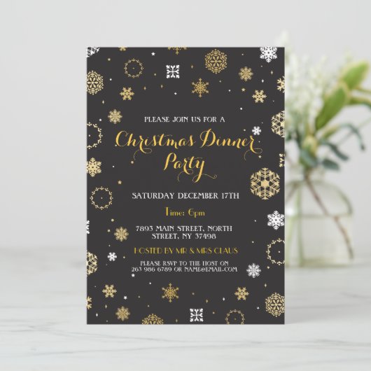 クリスマスディナーパーティー金ゴールドスノーフレーク招待状 招待状 (スタンド正面)