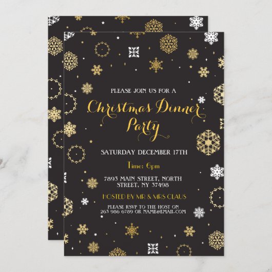 クリスマスディナーパーティー金ゴールドスノーフレーク招待状 招待状 (正面/裏面)