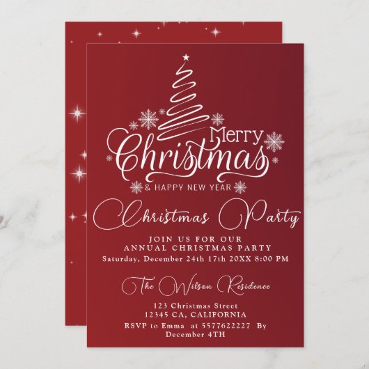 クリスマスディナーパーティー雪片クリスマスツリー 招待状 (正面/裏面)