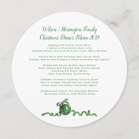 クリスマスディナーファミリーメニューセージ雪片ラウンド メニュー (正面)
