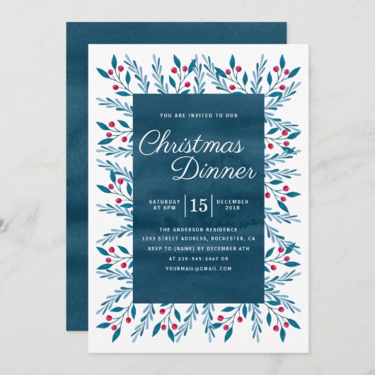 クリスマスディナーブルーウォーターカラーフローラ 招待状 (正面/裏面)