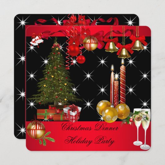 クリスマスディナーホリデーパーティレッドホワイト2 招待状 (正面/裏面)