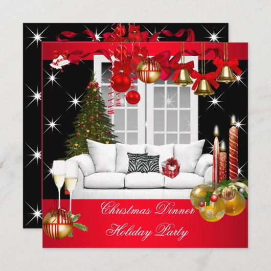 クリスマスディナーホリデーパーティレッドホワイト 招待状 (正面/裏面)