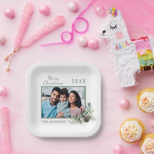 クリスマスディナー白いコーン松の写真名 ペーパープレート (パーティー)