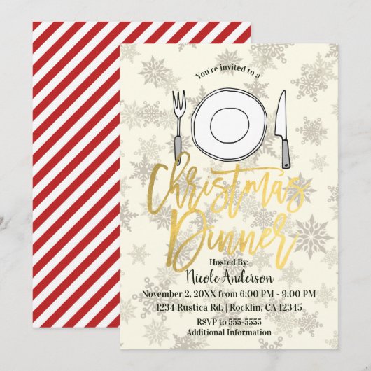 クリスマスディナー ホリデーパーティー クリーム アイボリー ストライプ 招待状 (正面/裏面)