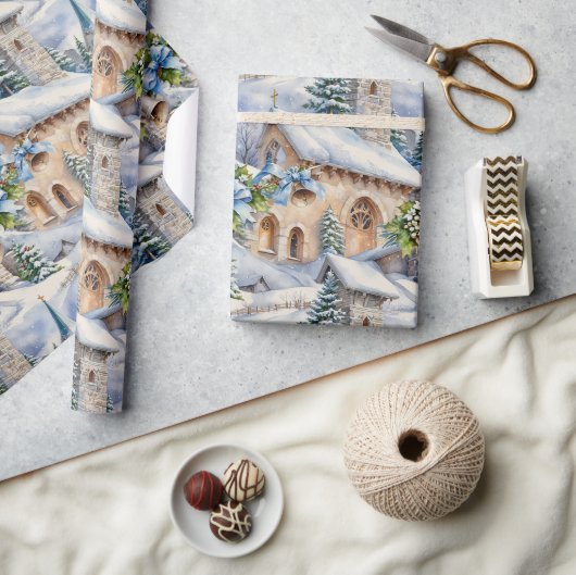 クリスマスデイカントリー教会 ラッピングペーパー (クラフト)