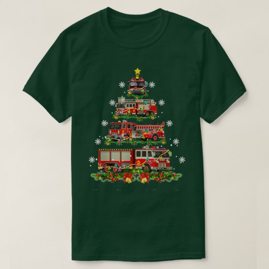 クリスマスデコおもしろいア消防トラックの木 Tシャツ (デザイン正面)