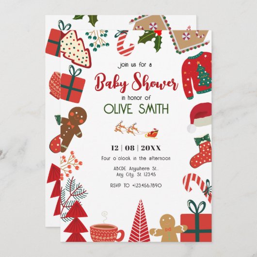 クリスマスデコレーションおもしろいベビーシャワー 招待状 (正面/裏面)