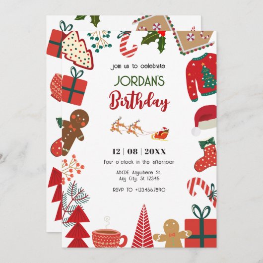 クリスマスデコレーションおもしろい誕生日 招待状 (正面/裏面)