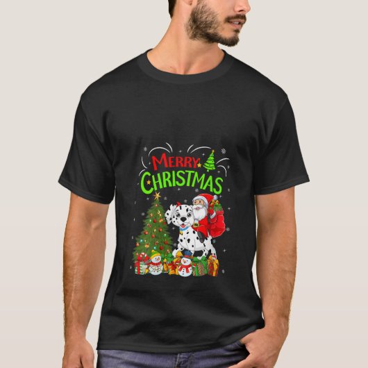 クリスマスデコレーションはサンタに乗るダルマチア犬を点灯 Tシャツ (正面)