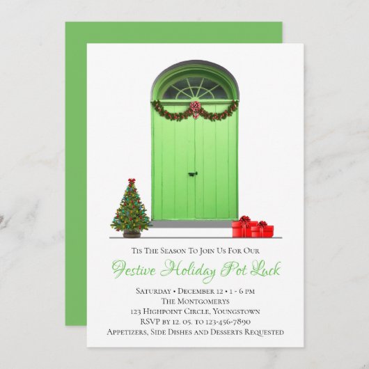 クリスマスデコレーショングリーンドアホリデーパーティー 招待状 (正面/裏面)