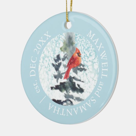 クリスマスデコールレッド（鳥）ショウジョウコウカンチョウウォーターカラーカスタム セラミックオーナメント (左)