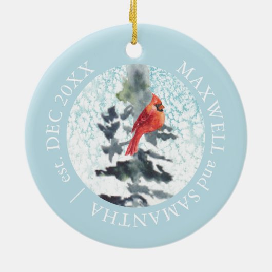 クリスマスデコールレッド（鳥）ショウジョウコウカンチョウウォーターカラーカスタム セラミックオーナメント (裏面)