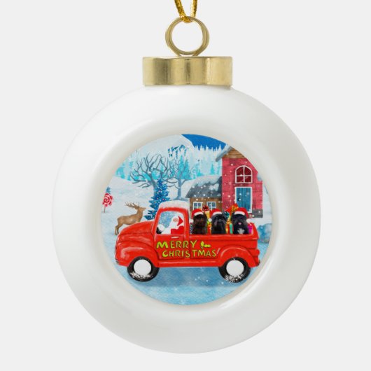 クリスマスデリバリートラックでのアフェンピンスシャーズドッグ セラミックボールオーナメント (正面)
