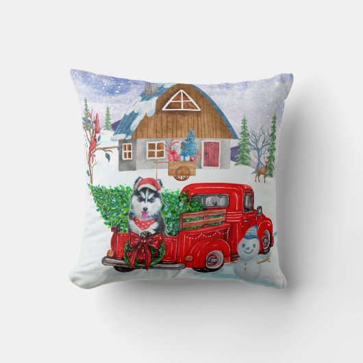 クリスマスデリバリートラックのシベリアのハスキー犬 クッション (正面)