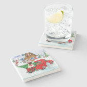 クリスマスデリバリートラックの雪でパグ犬 ストーンコースター (横)