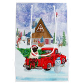 クリスマスデリバリートラックの雪でパグ犬 ミディアムペーパーバッグ (裏面)