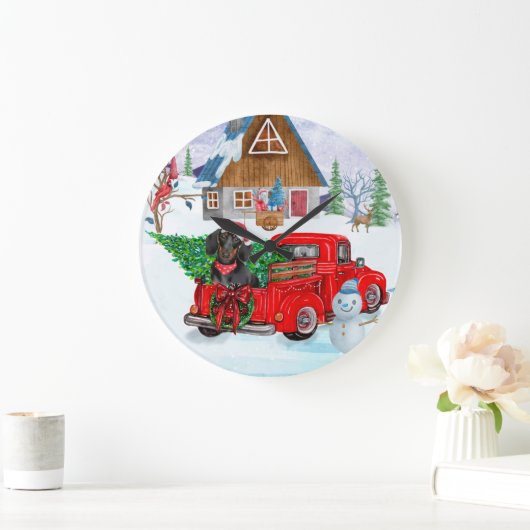 クリスマスデリバリートラックの雪のダシュント犬 ラージ壁時計 (ホーム)