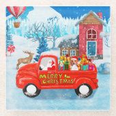 クリスマスデリバリートラック雪でビーグル犬 ガラスコースター (正面)