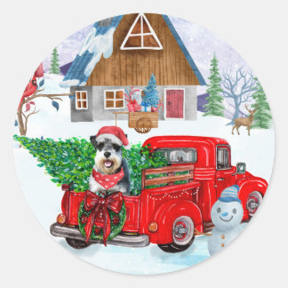 クリスマスデリバリートラック雪のシュナウザードッグ ラウンドシール