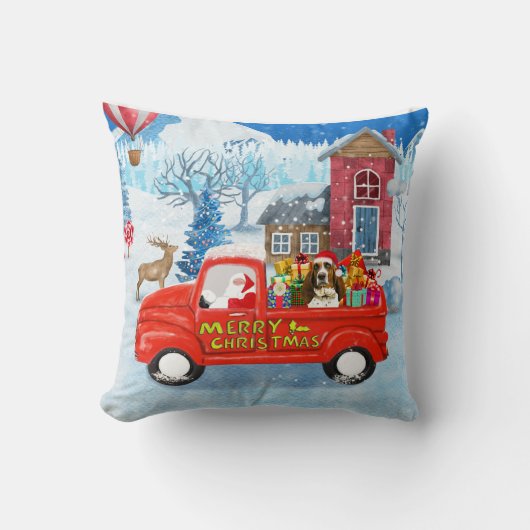 クリスマスデリバリートラック雪のバセットハウンドッグ クッション (正面)