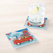 クリスマスデリバリートラック雪のブルテリア犬 ガラスコースター (アングル)